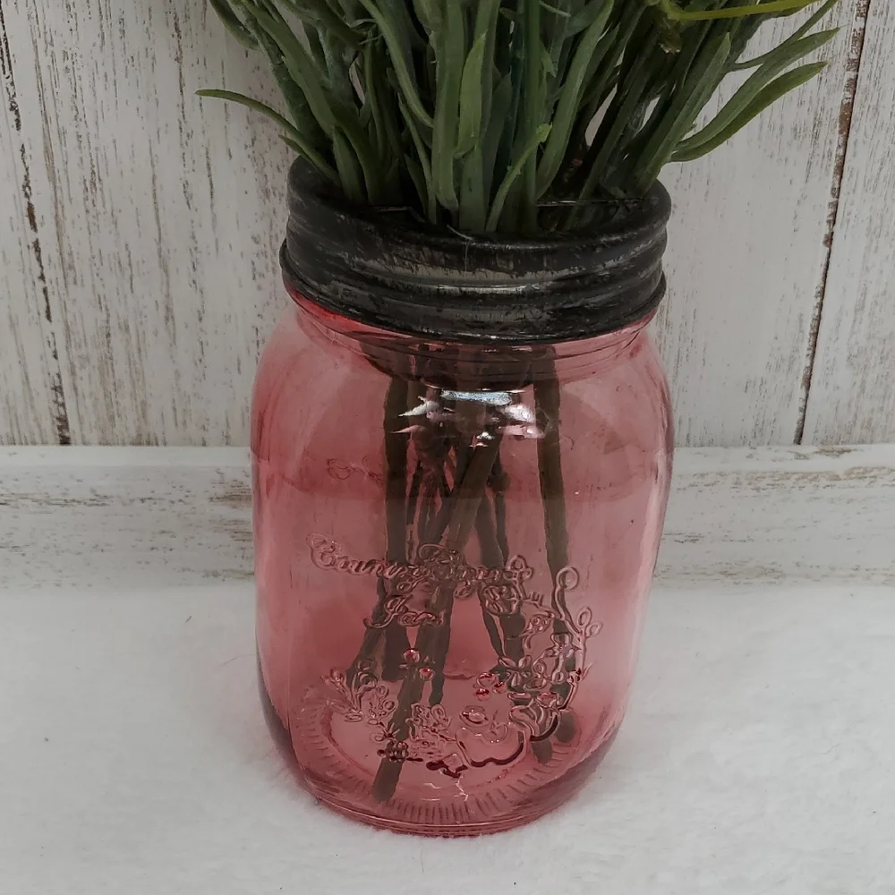 Pink Glass Mason Jar Vase with Faux Floral Arrangement Country Farmhouse